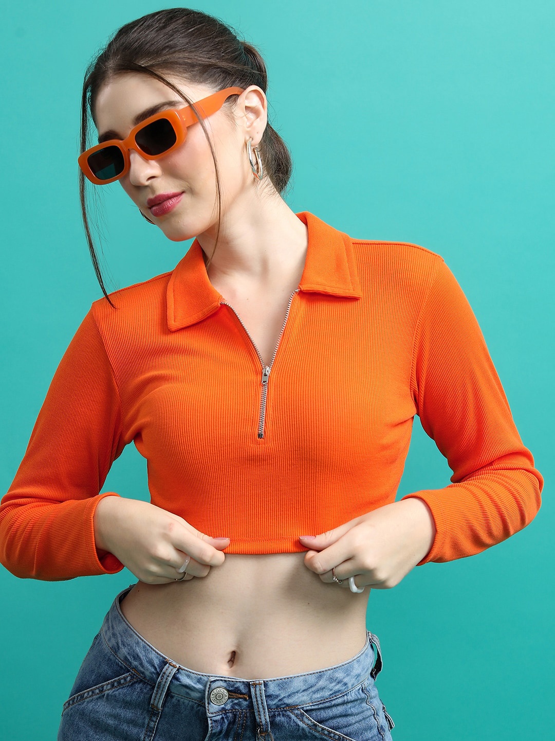 

Tokyo Talkies Orange Shirt Collar Crop Top