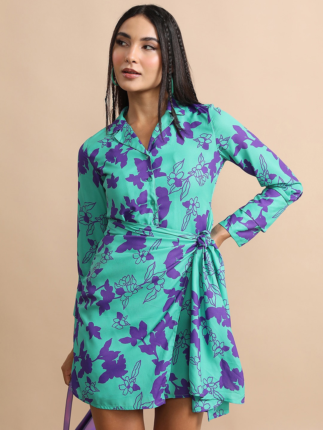 

Tokyo Talkies Floral Printed Shirt Style Dress, Green