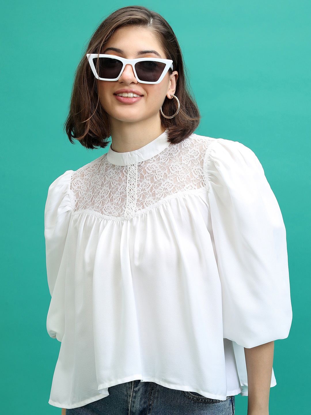 

Tokyo Talkies White High Neck Puff Sleeves Lace-Up Regular Top