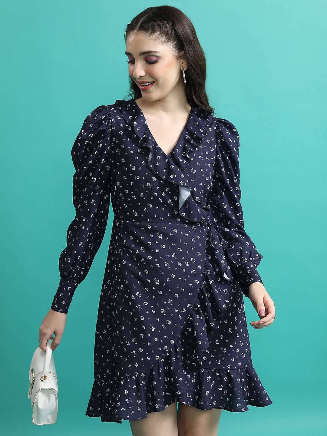 

Tokyo Talkies Navy Blue Polka Dot Print Puff Sleeve Mini Dress