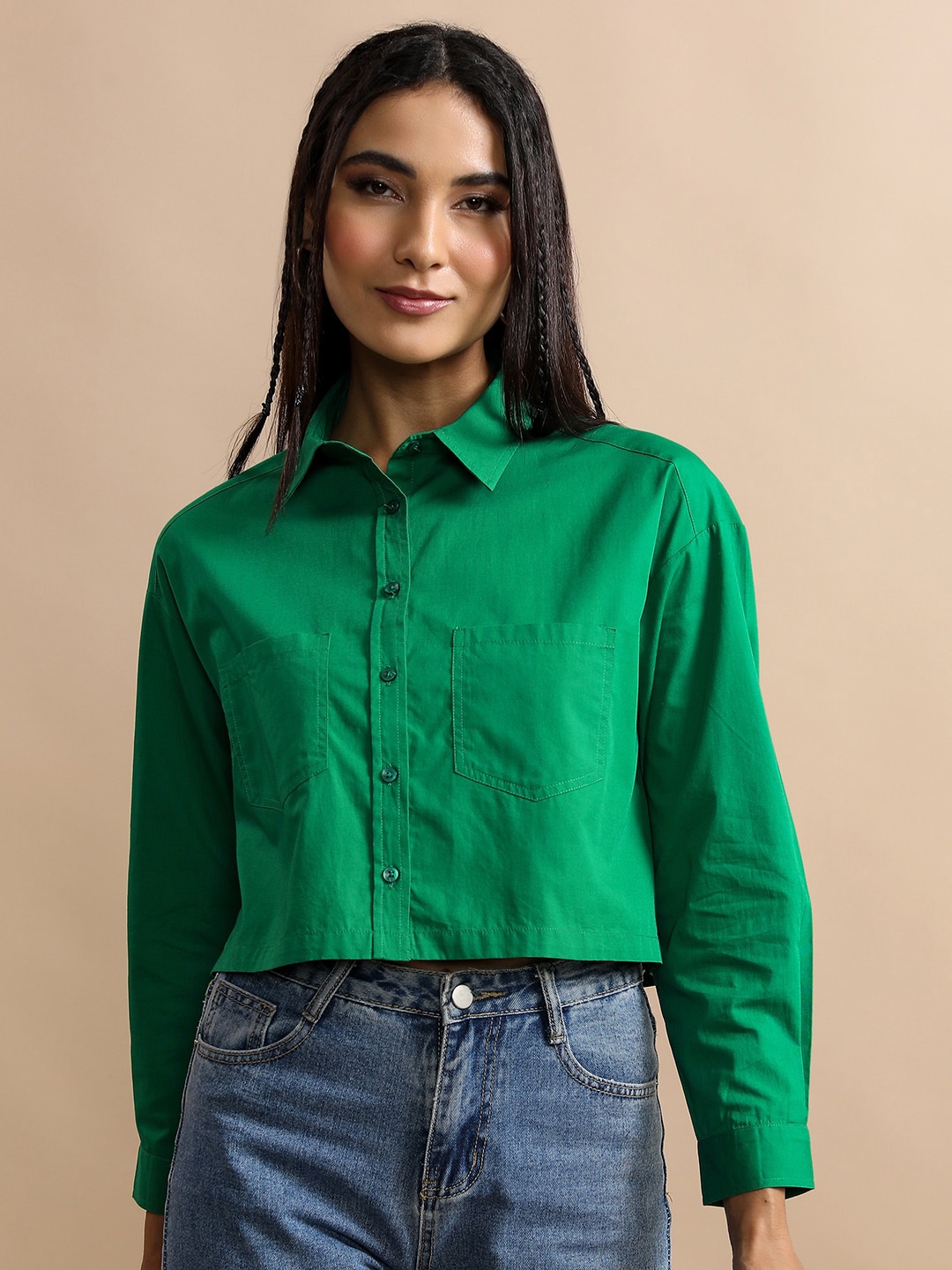

Tokyo Talkies Cutaway Collar Oversized Cotton Casual Shirt, Green