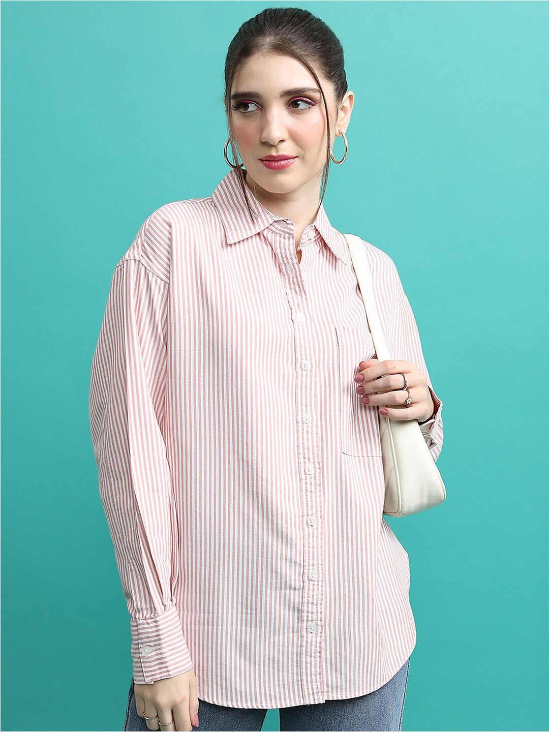 

Tokyo Talkies White and Orange Oversized Striped Casual Shirt