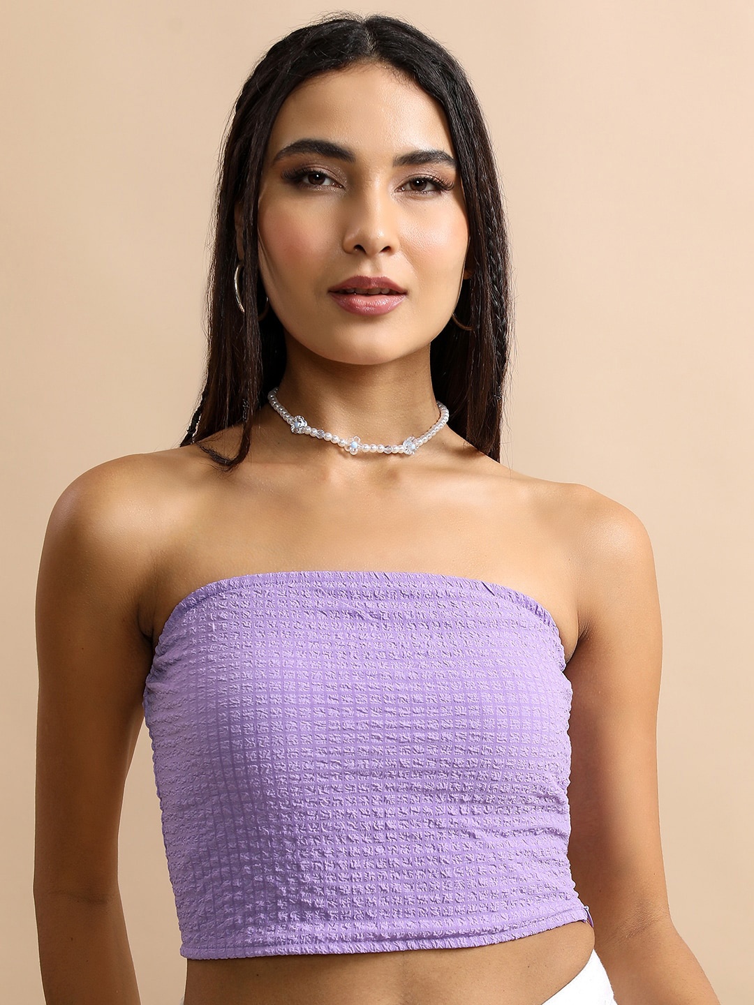 

Tokyo Talkies Purple Self Design Tube Crop Top