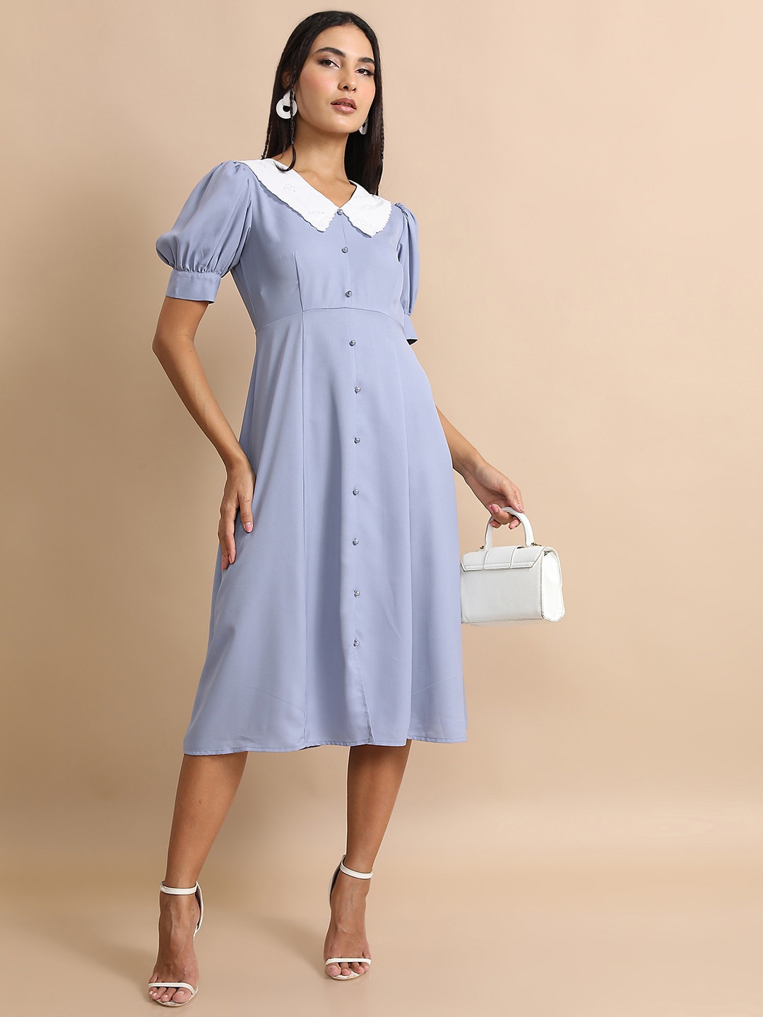 

Tokyo Talkies Blue Puff Sleeve A-Line Midi Dress