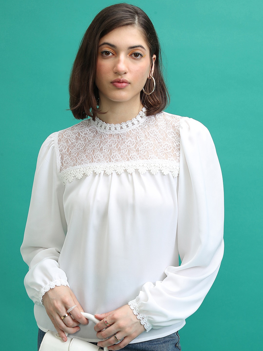 

Tokyo Talkies White Self Design Puff Sleeve Top