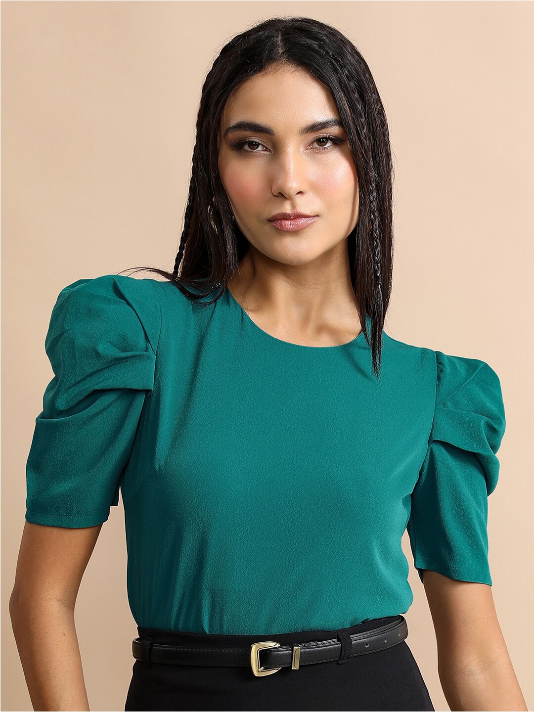 

Tokyo Talkies Teal Green Round Neck Puff Sleeve Top