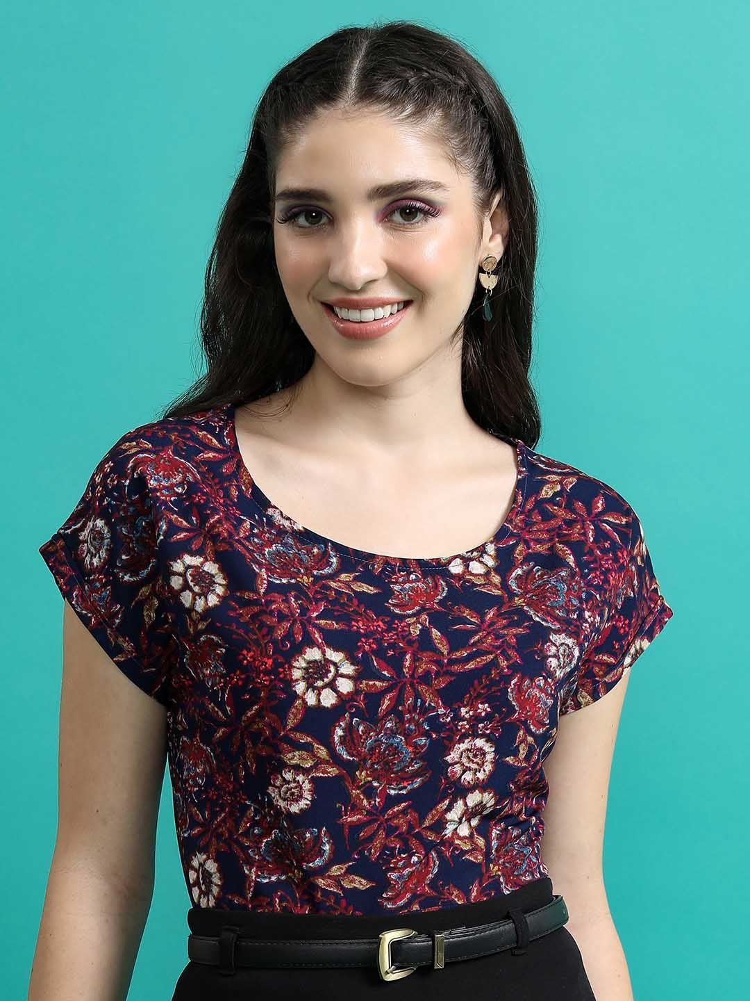 

Tokyo Talkies Navy Blue Floral Print Round Neck Casual Top