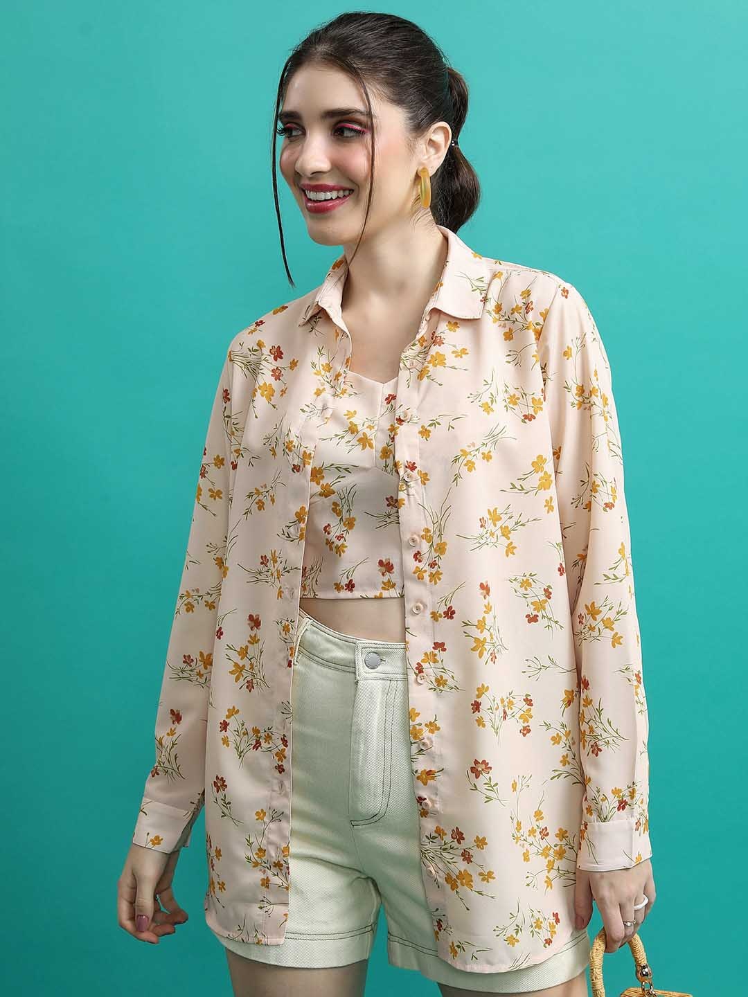 

Tokyo Talkies Crop Top With Long Line Button Down Shirt, Cream