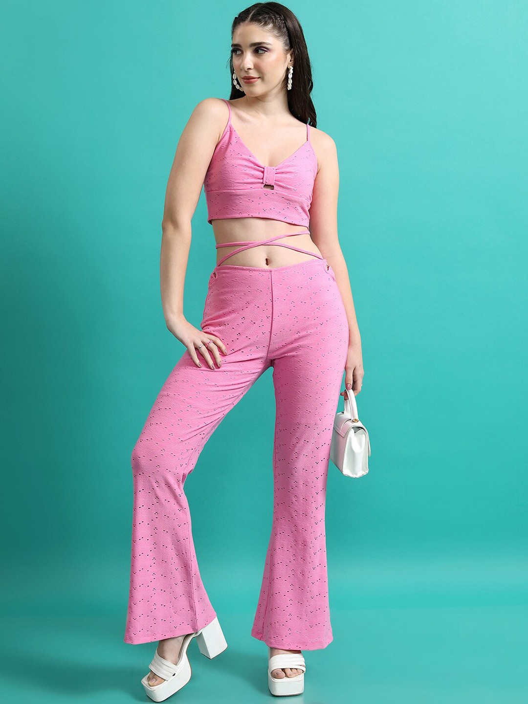 

Tokyo Talkies Self Designed Shoulder Straps Crop Top With Trousers, Pink