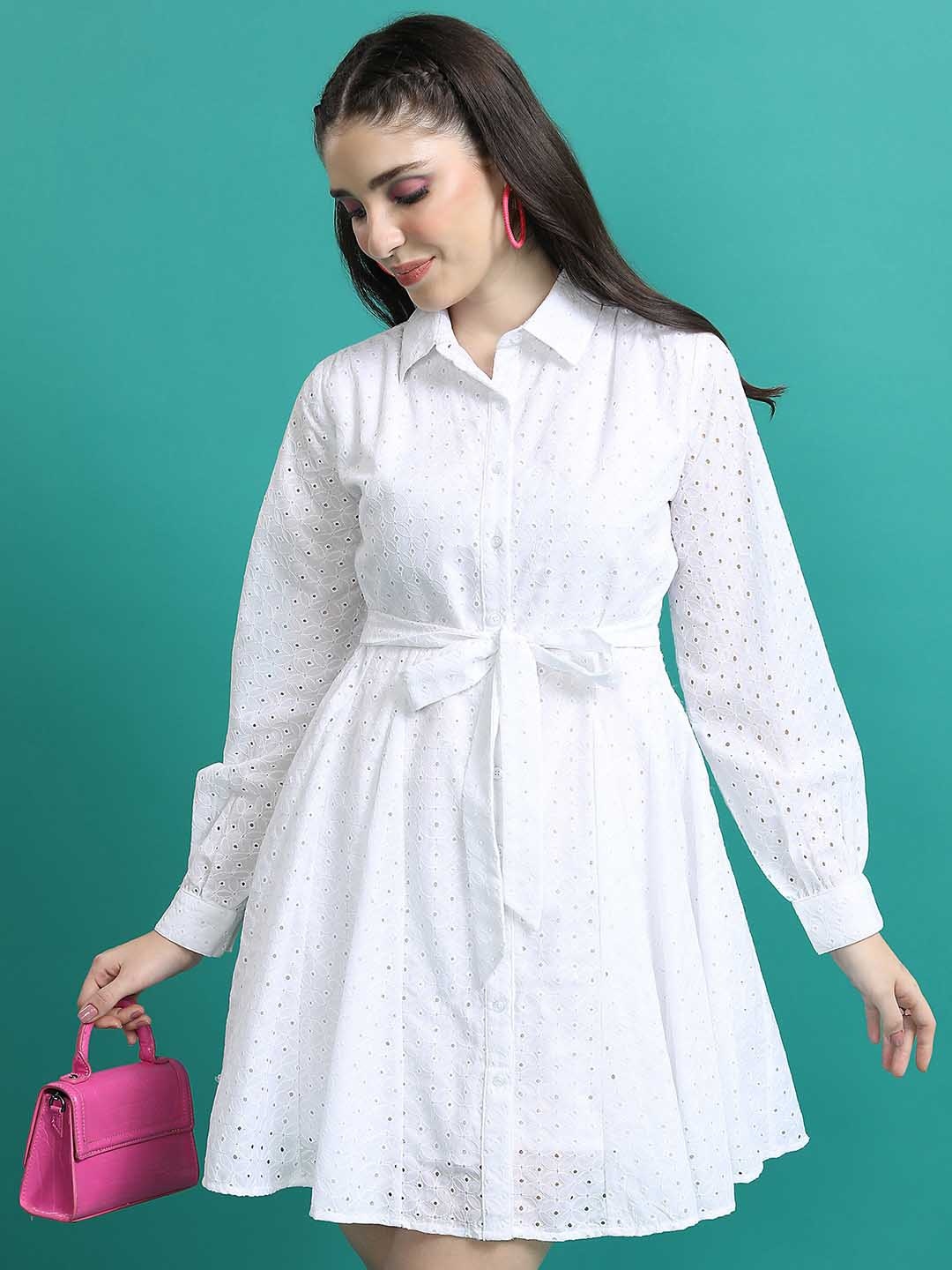 

Tokyo Talkies White Schiffli Shirt Style Above Knee Dress