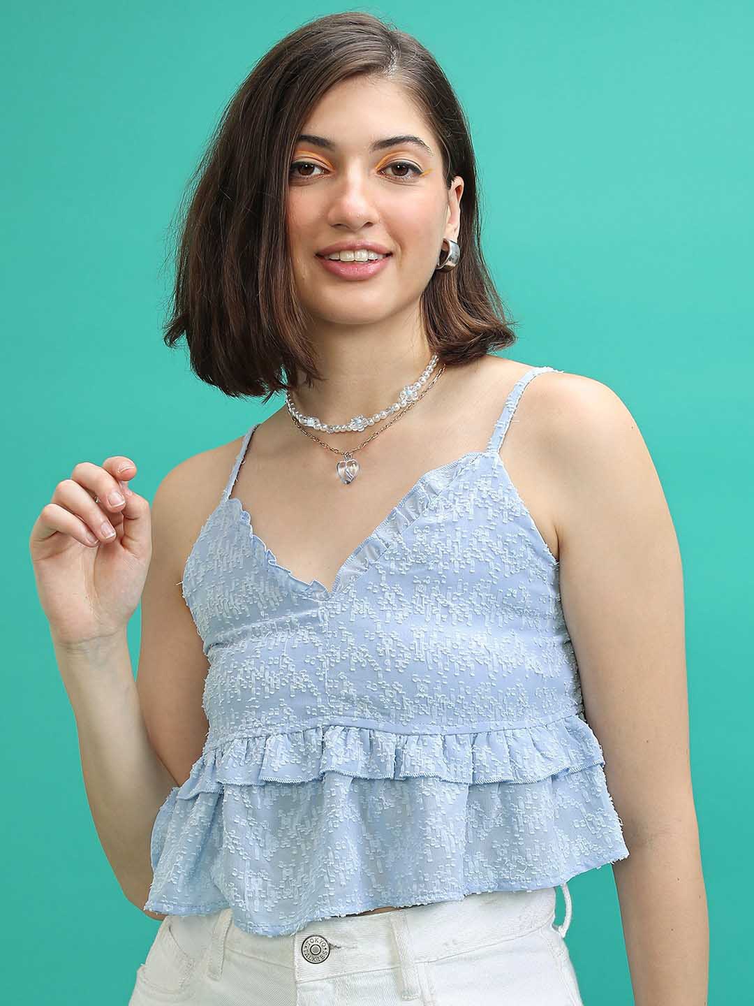 

Tokyo Talkies Blue Self Design Crop Peplum Top