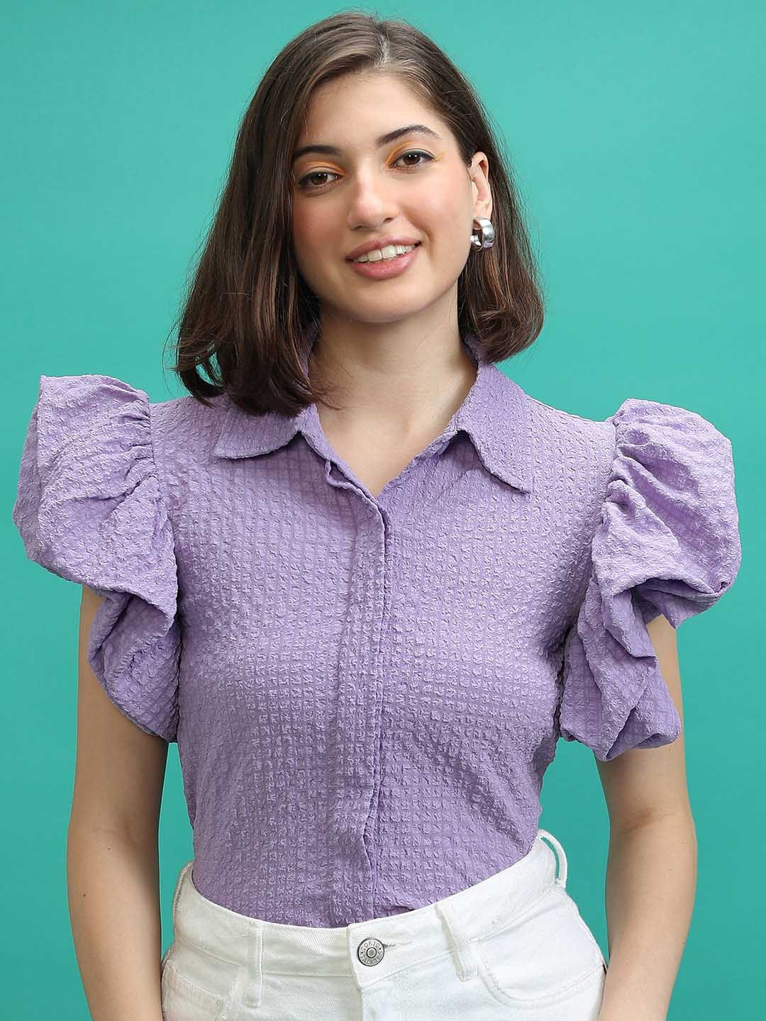 

Tokyo Talkies Purple Self Design Flutter Sleeves Ruffles Shirt Style Top
