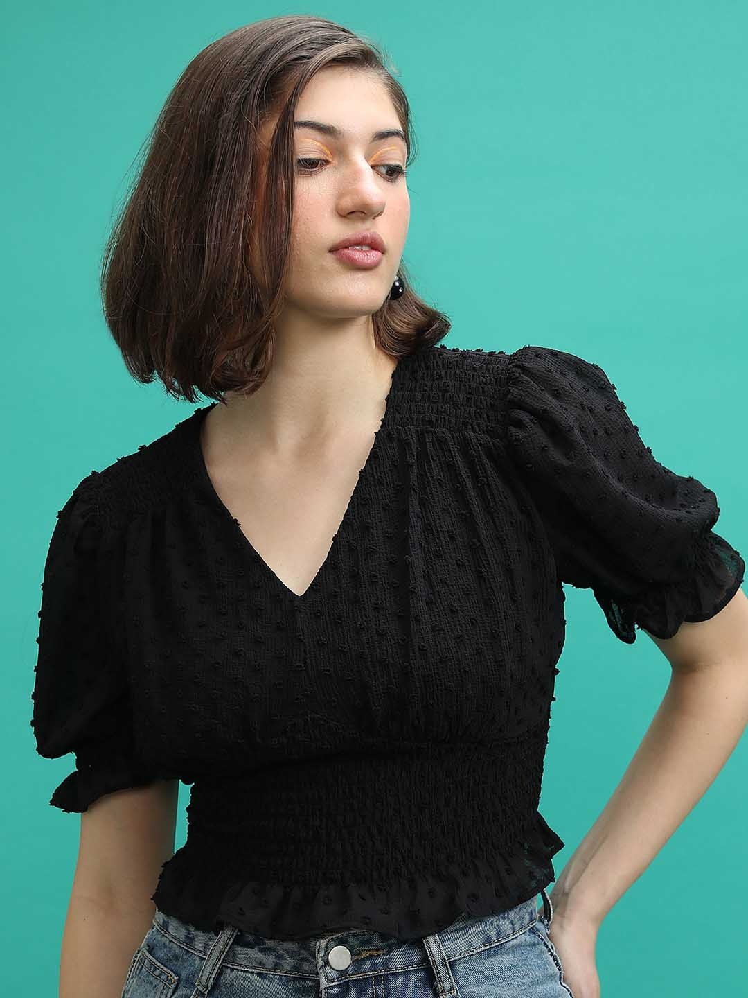 

Tokyo Talkies Black Self Design Puff Sleeves Smocked Crop Regular Top