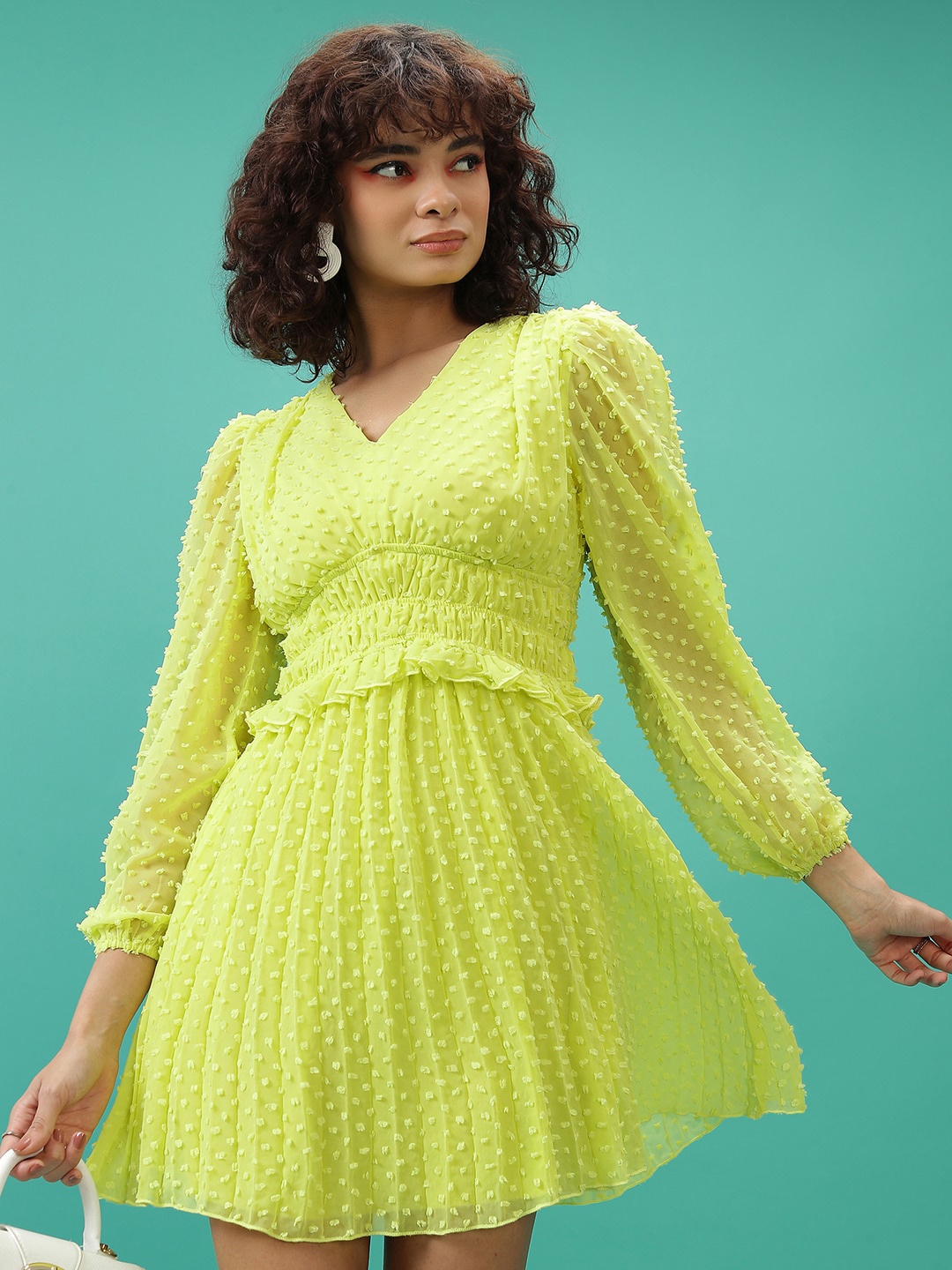 

Tokyo Talkies Self Design Puff Sleeve Mini Fit & Flare Dress, Lime green