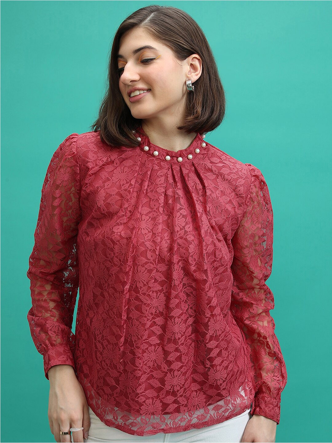 

Tokyo Talkies Red Self Design High Neck Puff Sleeve Top