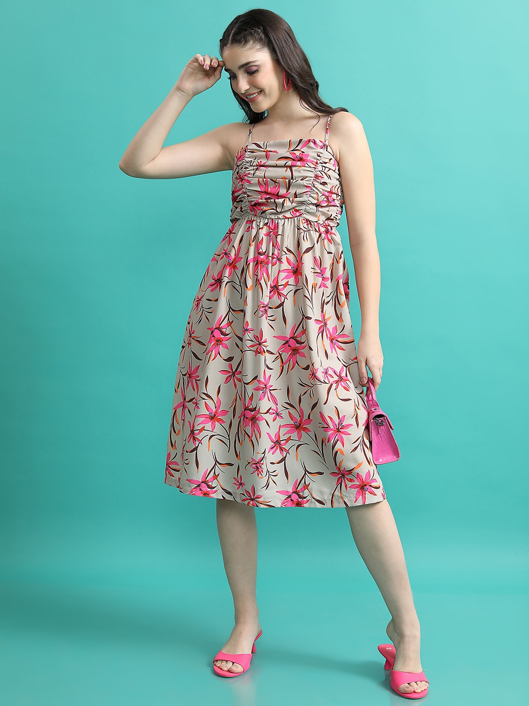 

Tokyo Talkies Beige Pink Floral Print Empire Midi Dress