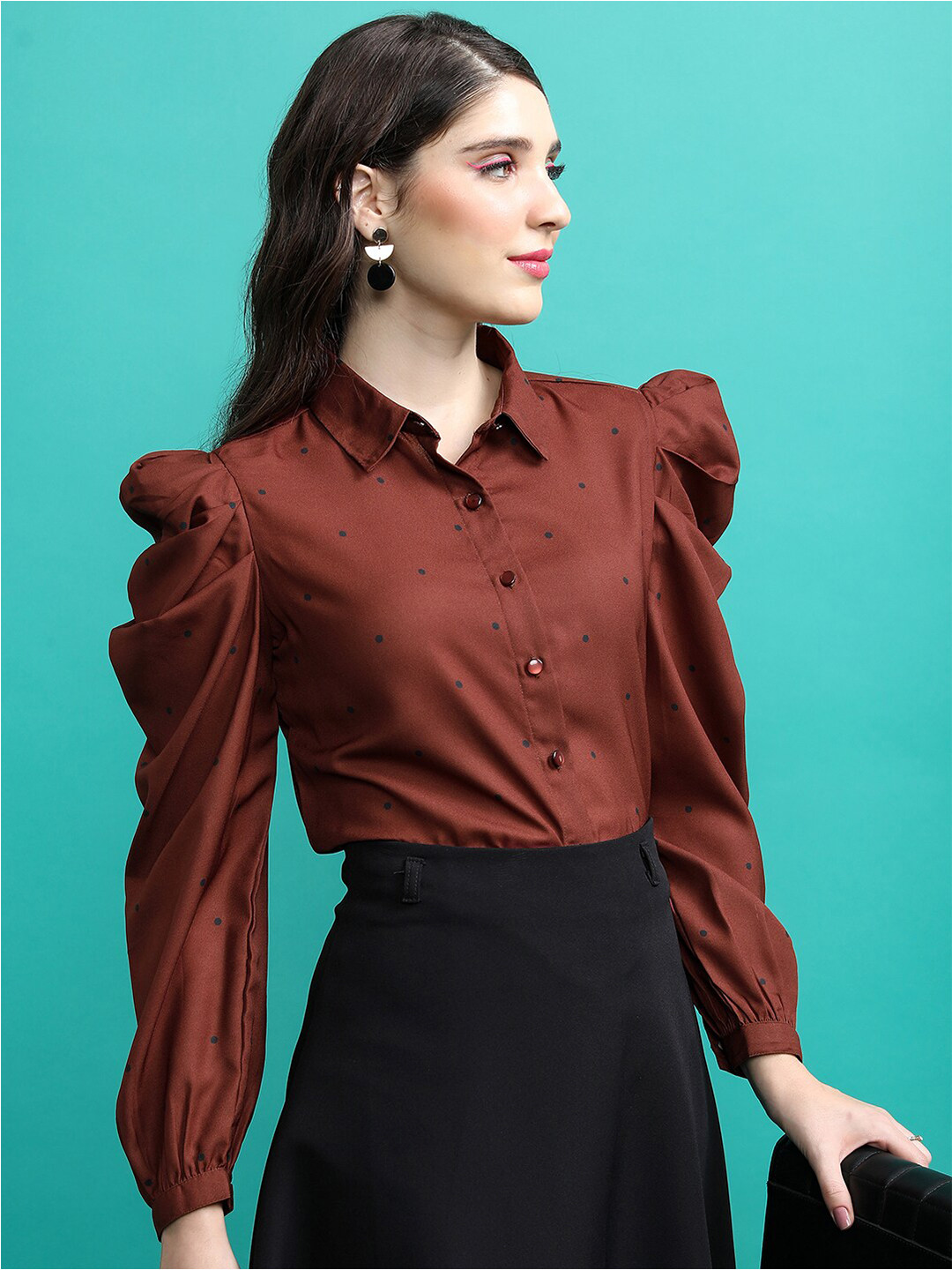 

Tokyo Talkies Orange Polka Dots Printed Puff Sleeves Shirt Style Top