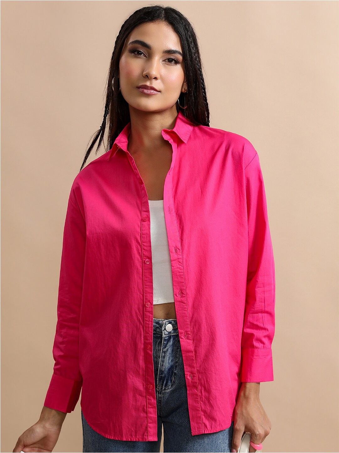 

Tokyo Talkies Cutaway Collar Oversized Cotton Casual Shirt, Pink