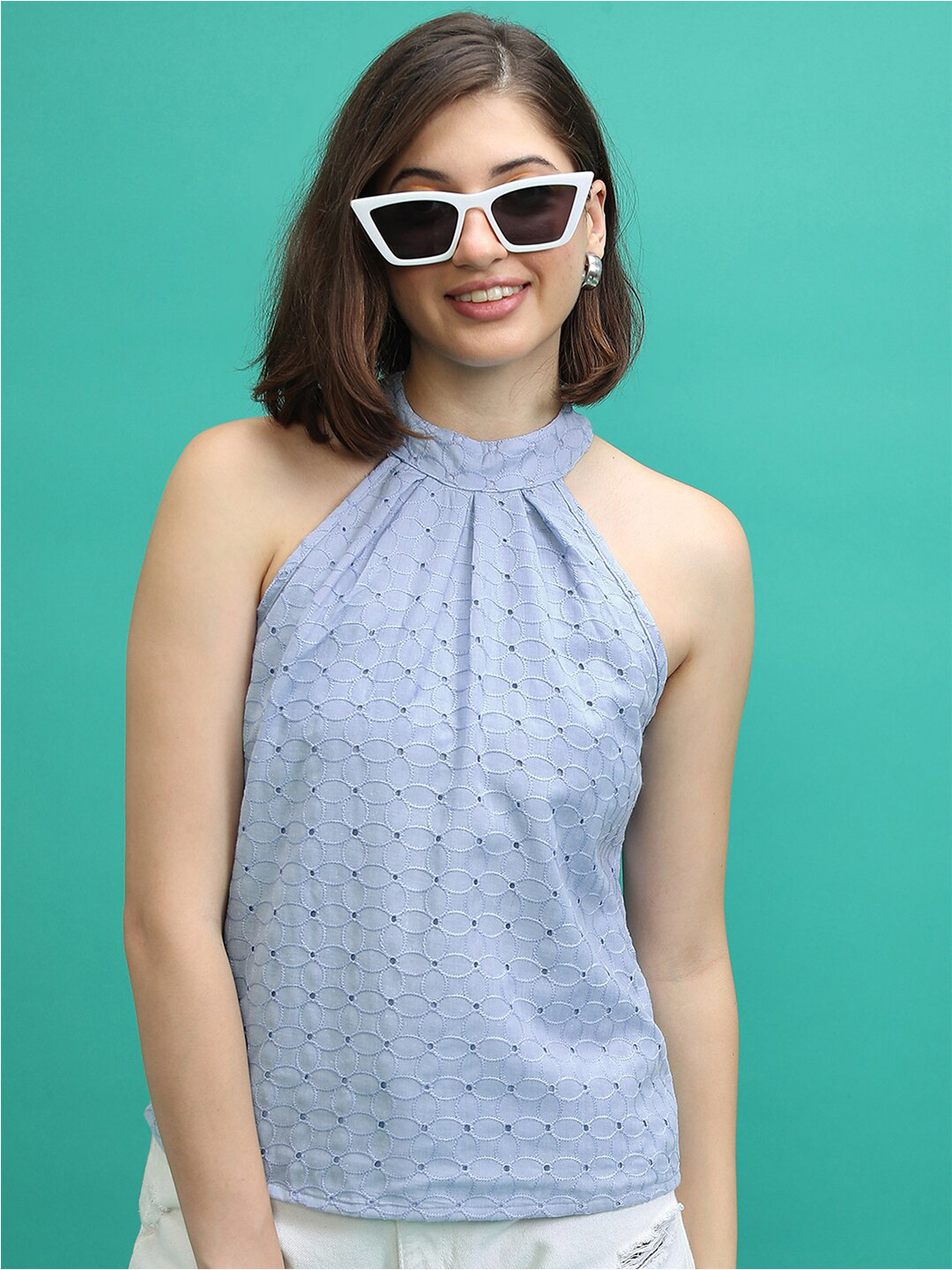 

Tokyo Talkies Blue Self Design Halter Neck Top