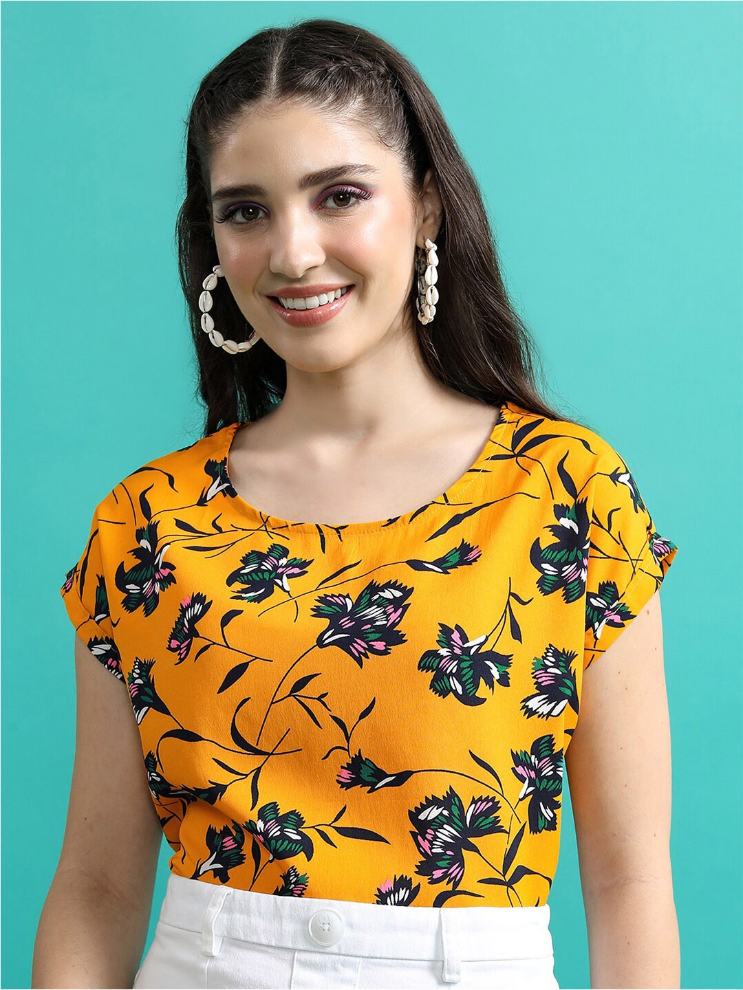 

Tokyo Talkies Mustard Yellow Floral Printed Extended Sleeves Top