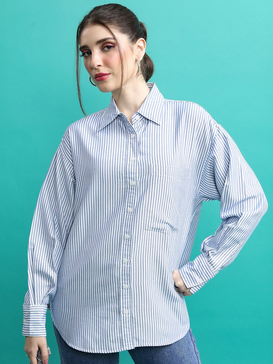 

Tokyo Talkies Striped Oversized Cotton Casual Shirt, White