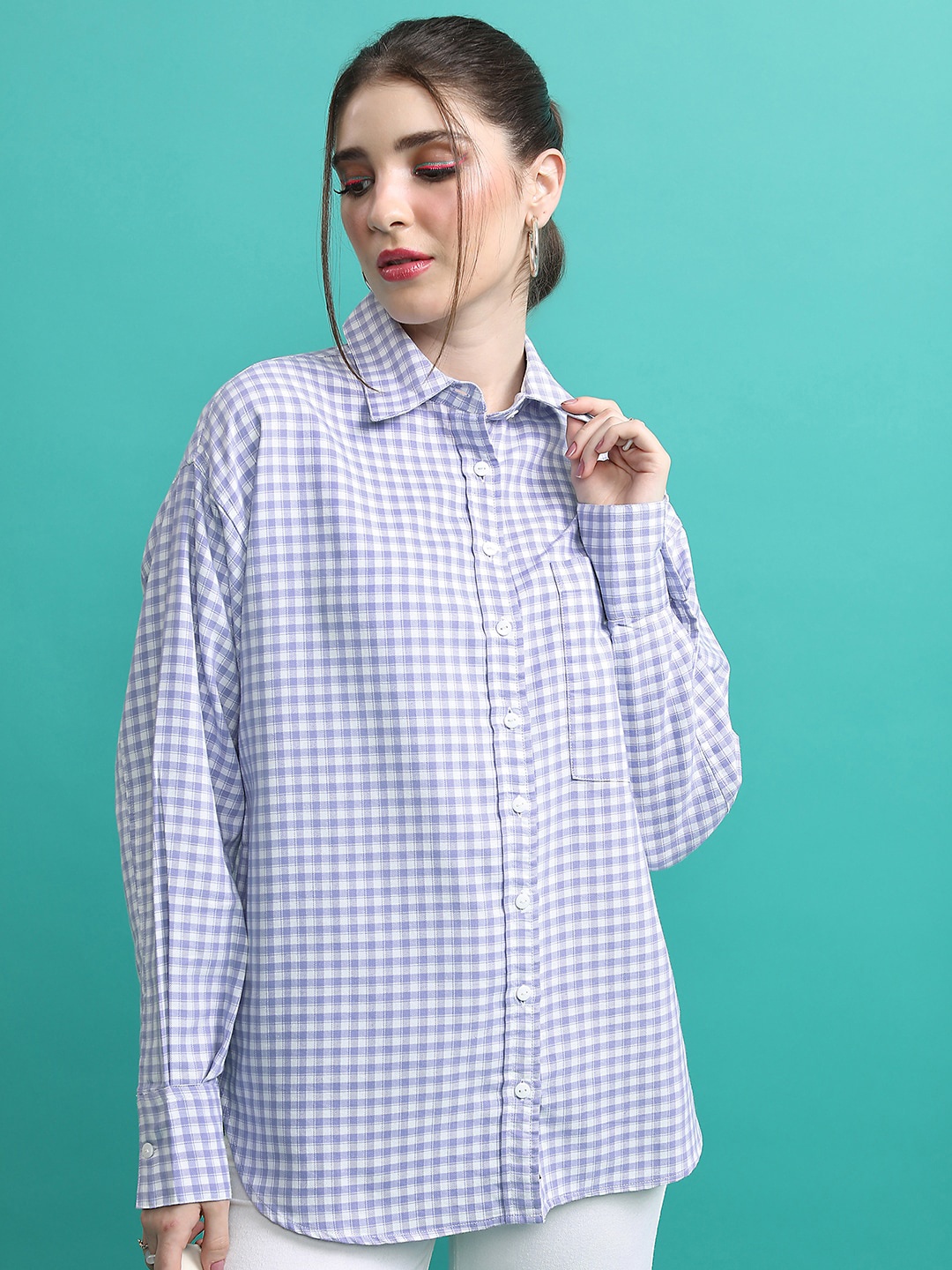 

Tokyo Talkies Checked Oversized Cotton Casual Shirt, Lavender