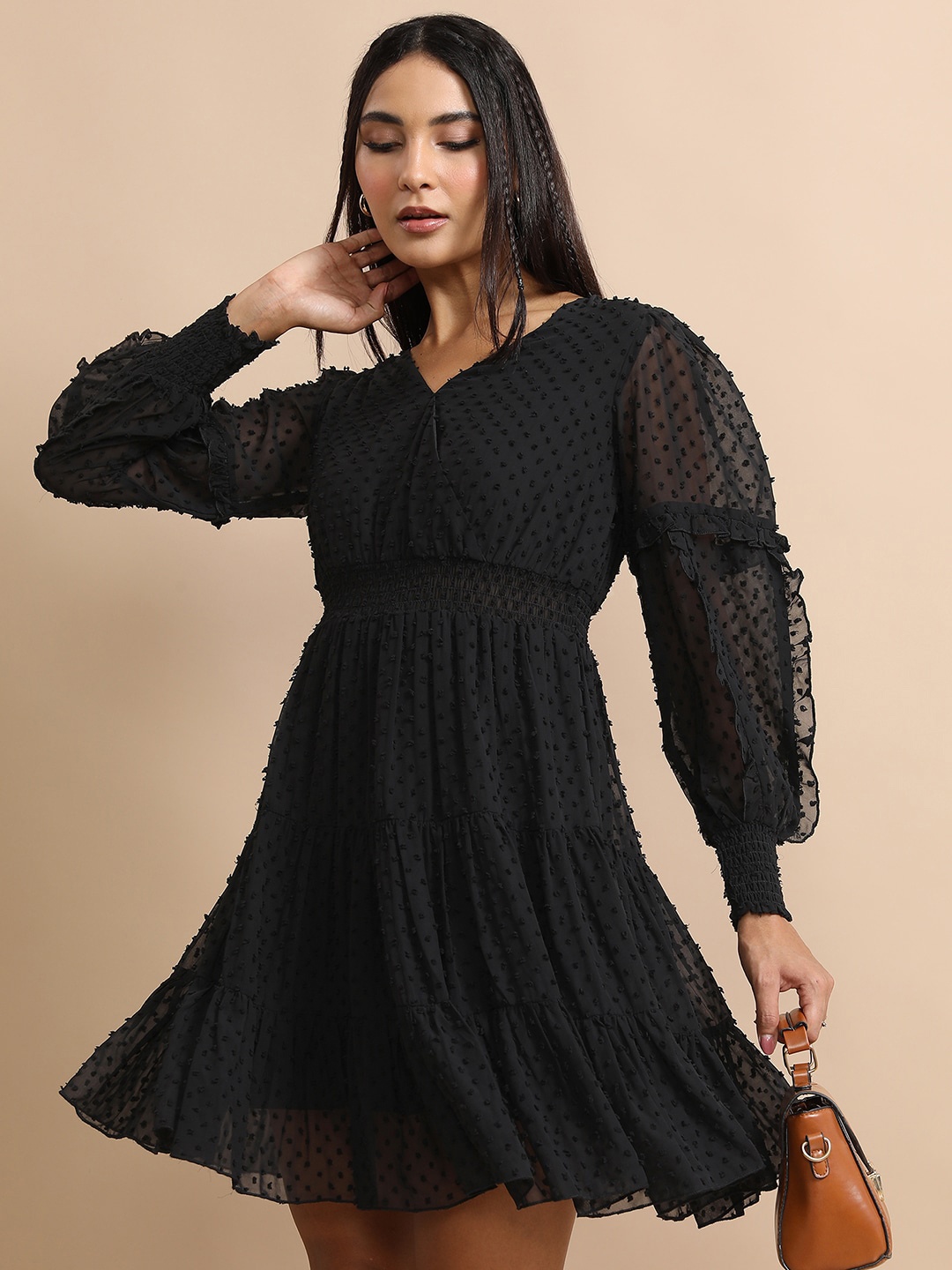 

Tokyo Talkies Black Self Design V-Neck Puff Sleeve Fit & Flare Above Knee Dress