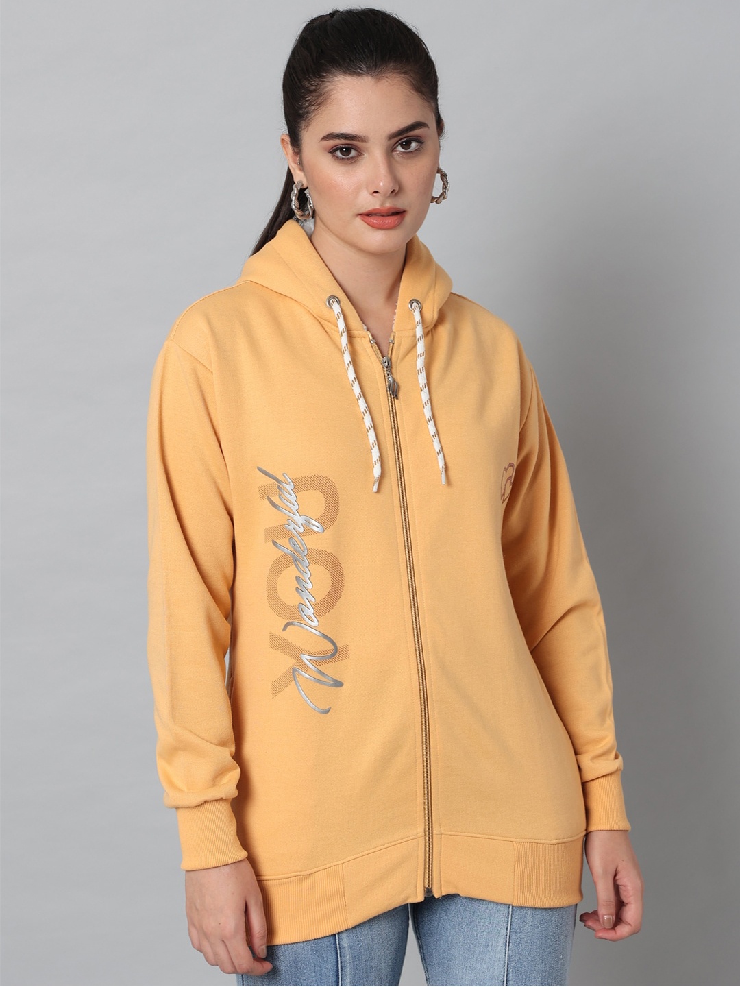 

eWools Typography Printed Hooded Pure Cotton Front Open Longline Sweatshirt, Gold