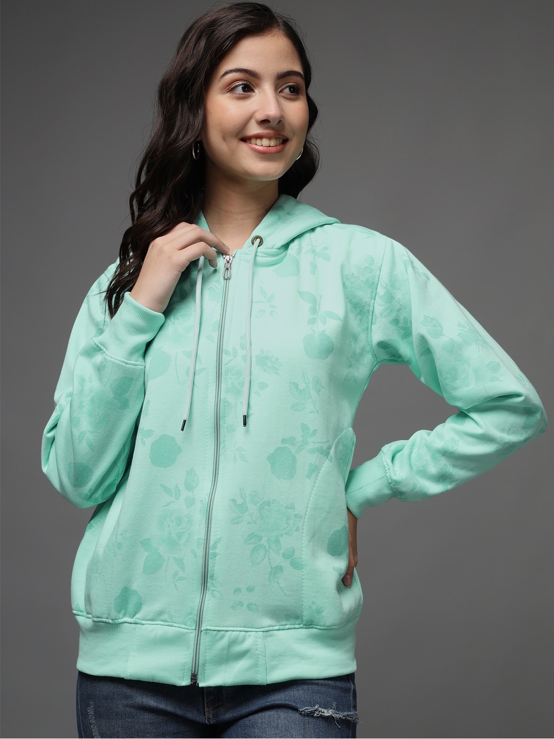 

eWools Floral Printed Hooded Front Open Sweatshirt, Green
