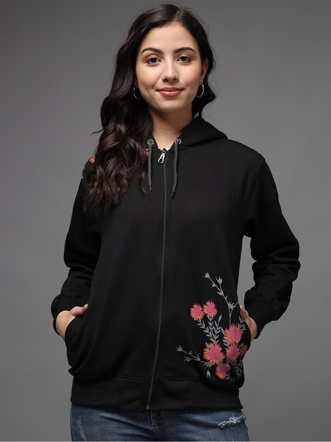 

eWools Floral Printed Hooded Front Open Sweatshirt, Black