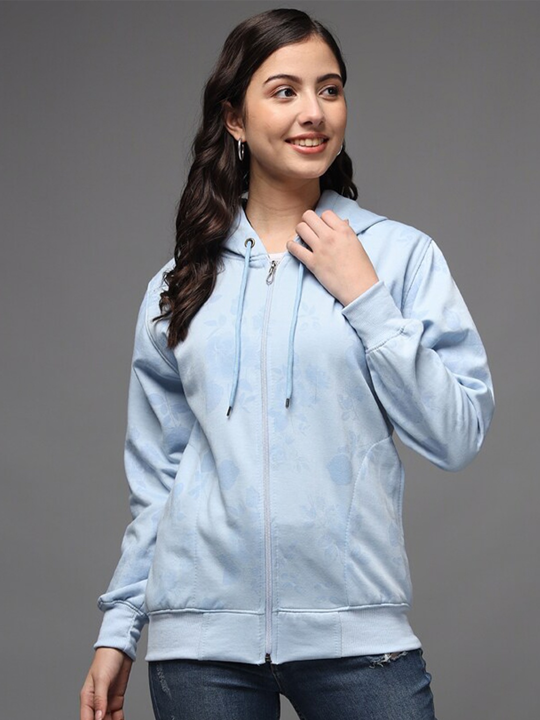 

eWools Floral Printed Hooded Front-Open Sweatshirt, Blue