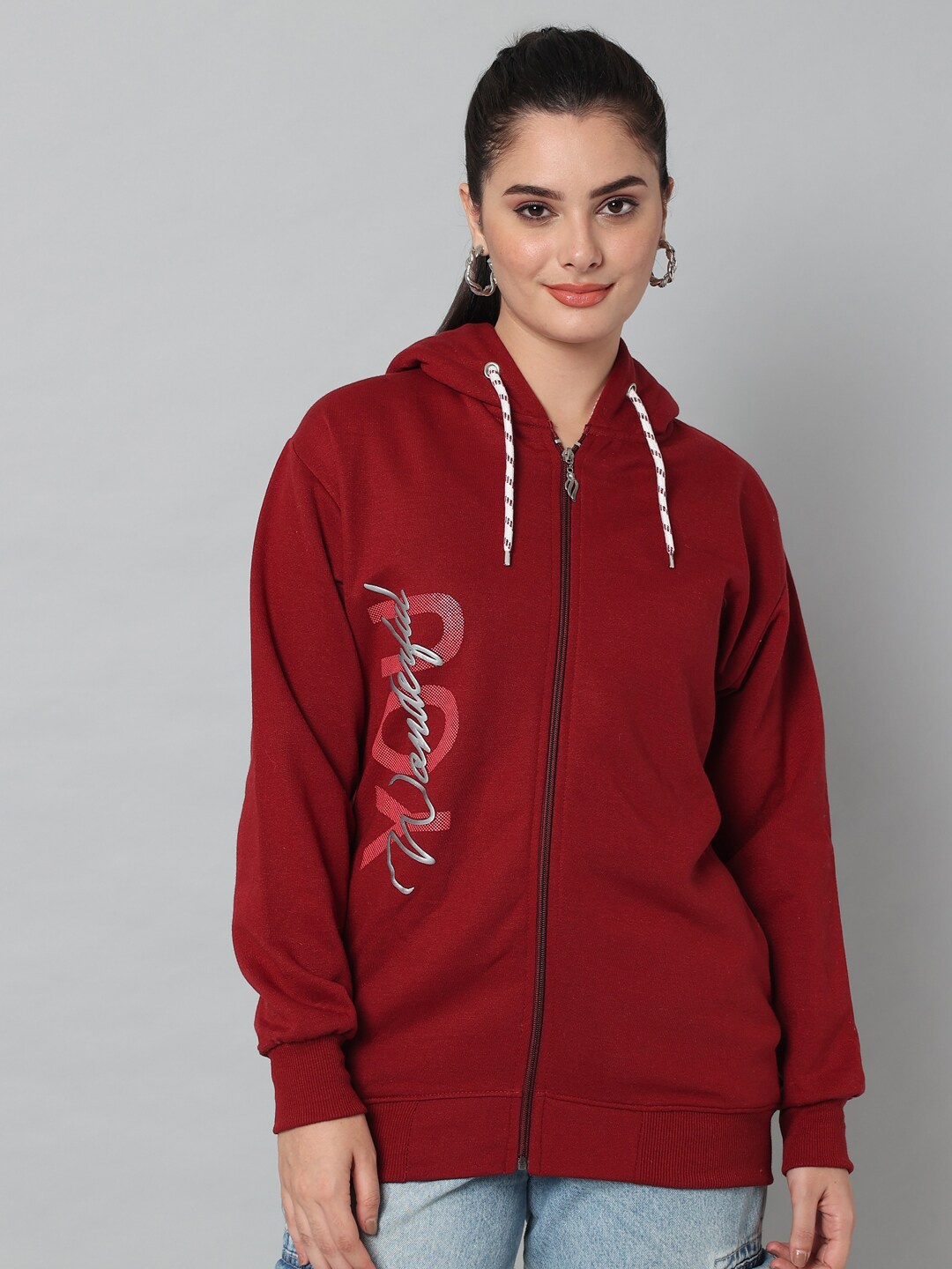 

eWools Typography Printed Hooded Pure Cotton Front Open Longline Sweatshirt, Maroon