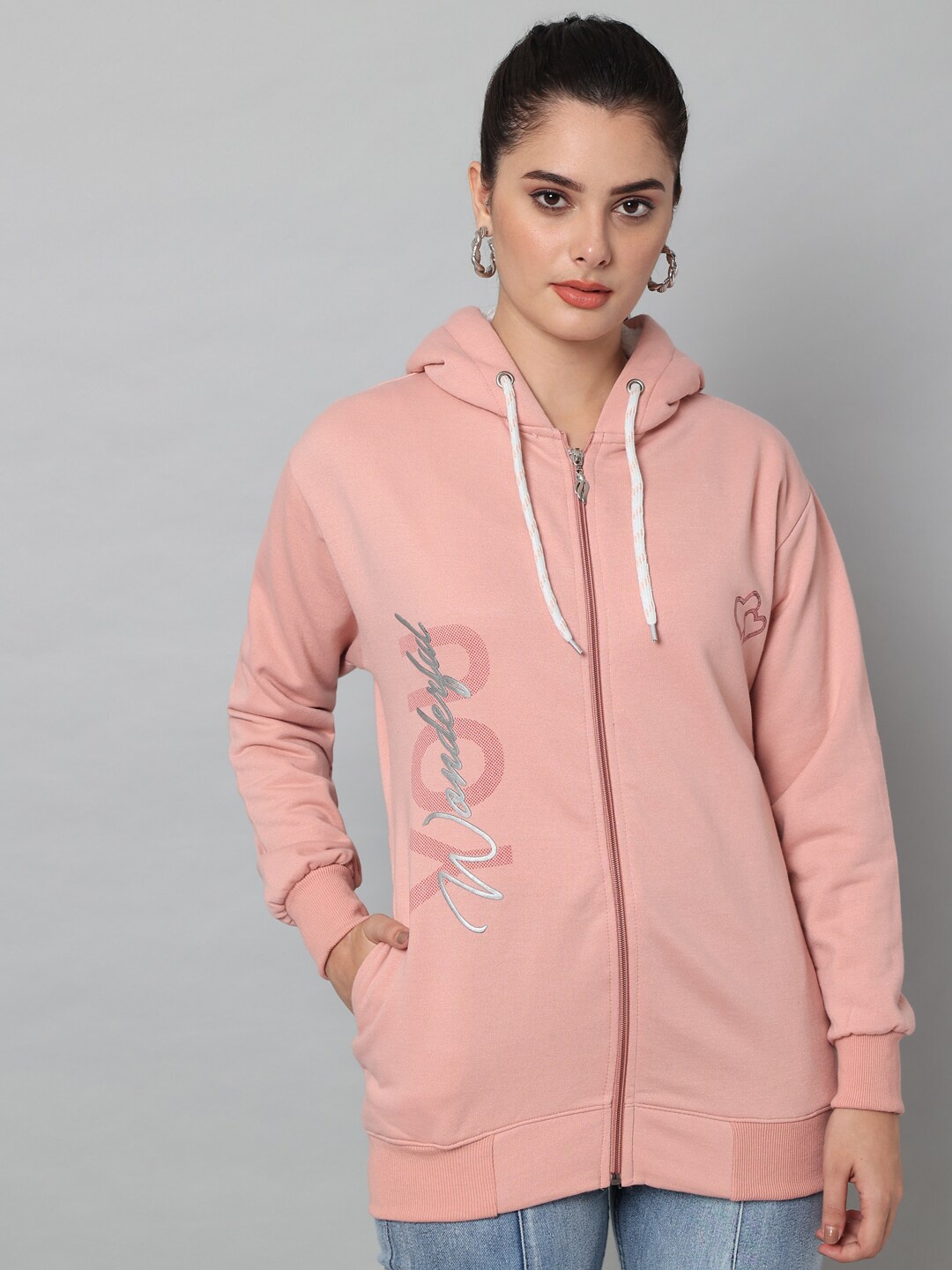 

eWools Typography Printed Hooded Long Sleeves Cotton Front-Open Sweatshirt, Pink
