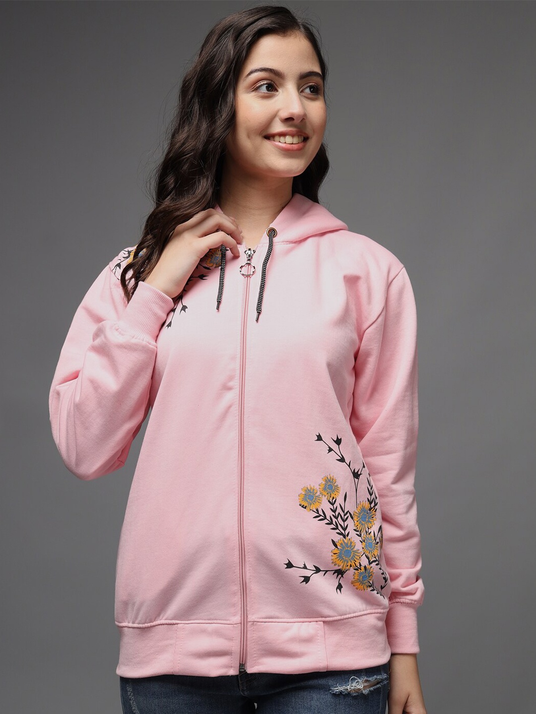 

eWools Floral Printed Hooded Long Sleeves Front-Open Sweatshirt, Pink