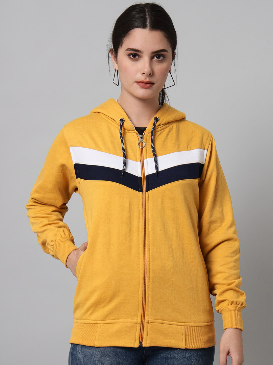 

eWools Colourblocked Hooded Long Sleeves Cotton Front-Open Sweatshirt, Gold