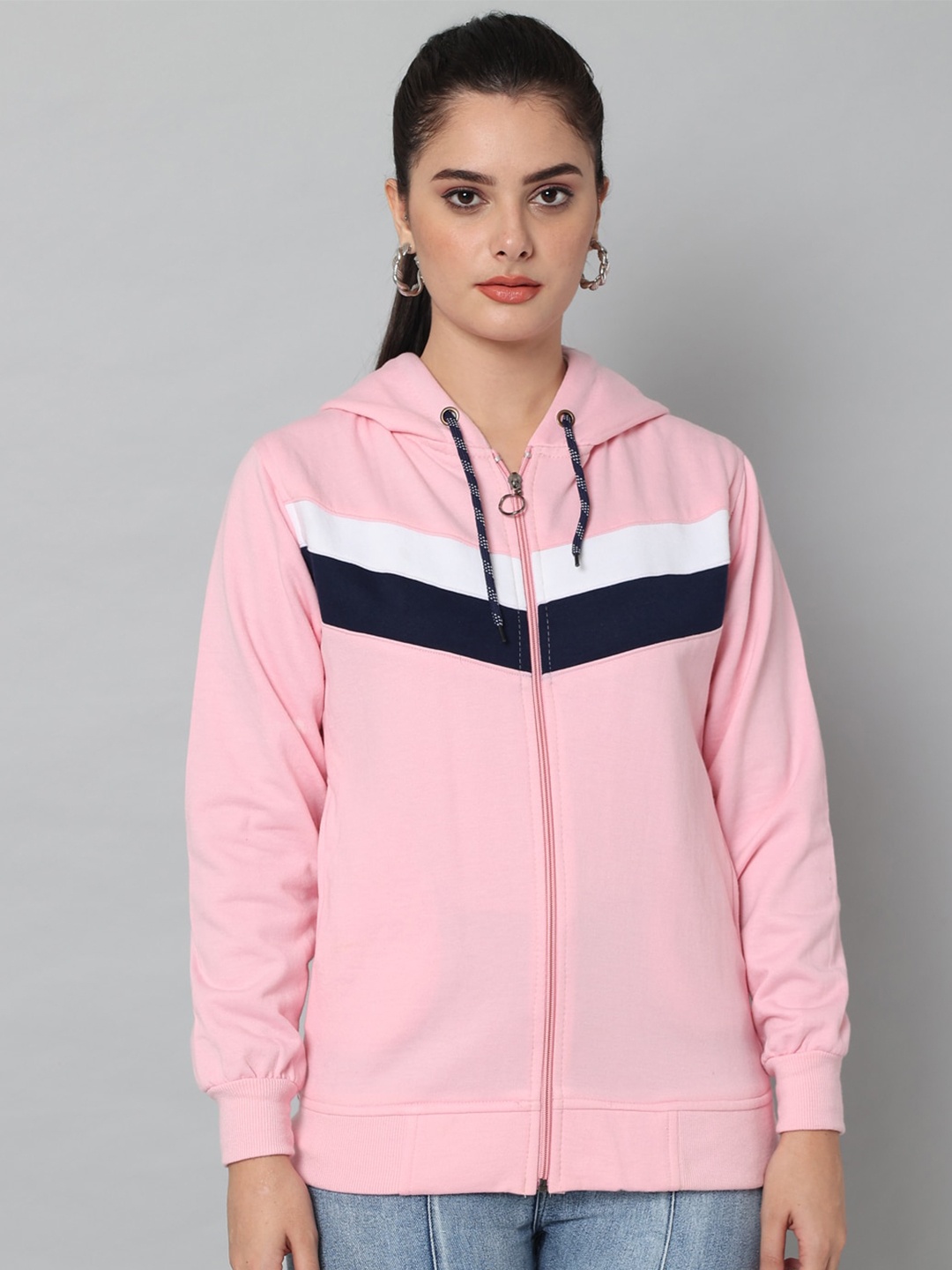 

eWools Colourblocked Hooded Long Sleeves Cotton Front-Open Sweatshirt, Pink