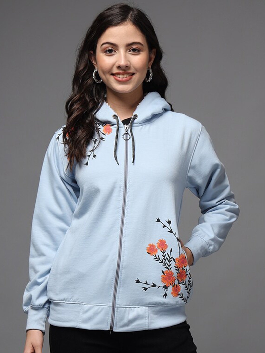 

eWools Floral Printed Long Sleeves Hooded Sweatshirt, Blue