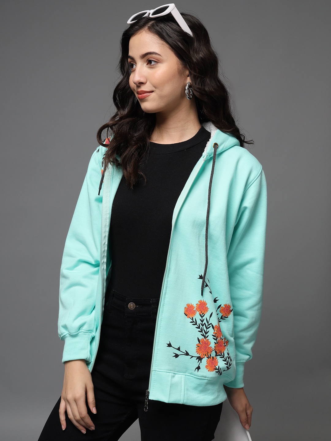 

eWools Floral Printed Hooded Sweatshirt, Sea green