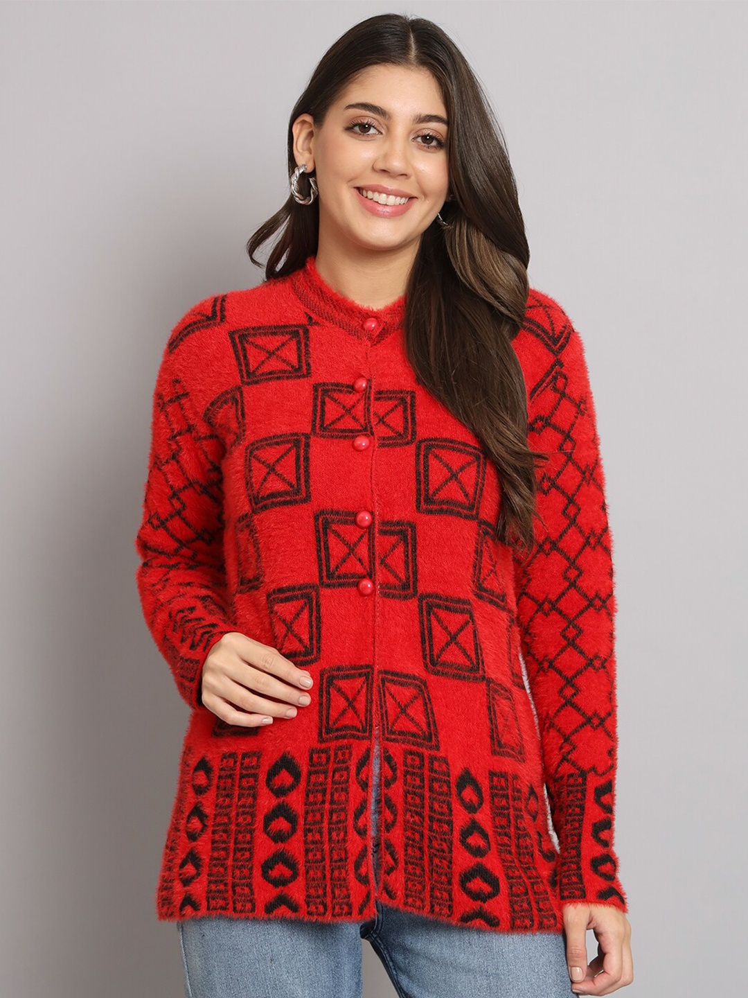 

eWools Geometric Printed Woollen Cardigan, Red