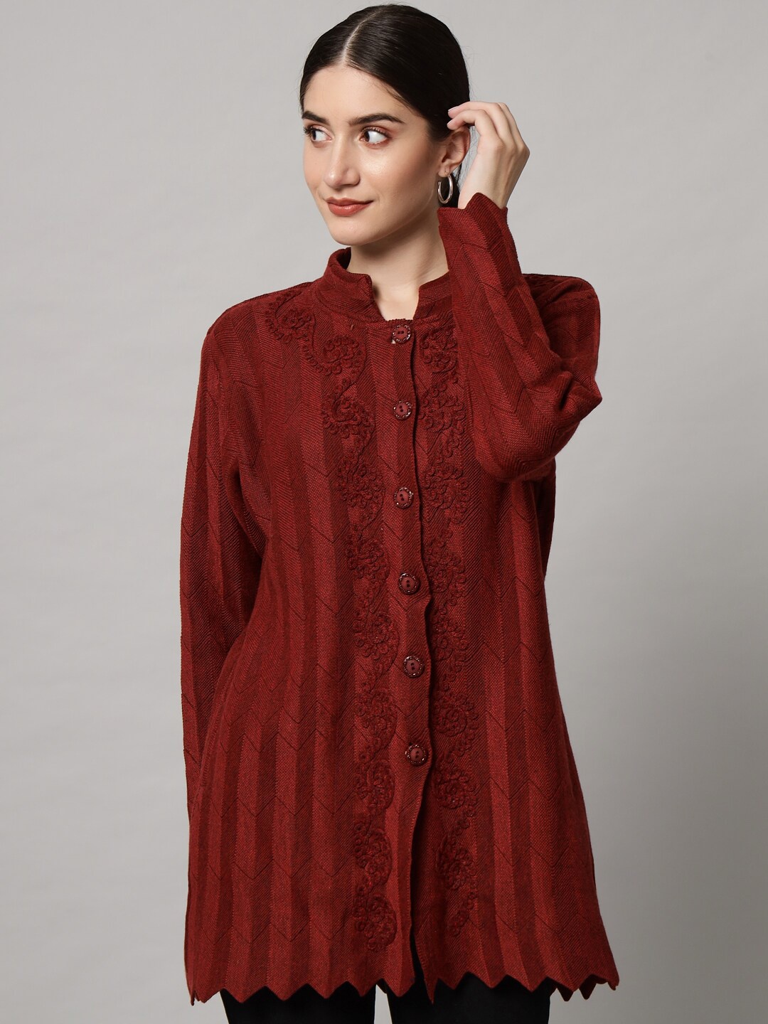 

eWools Floral Embroidered Woollen Cardigan With Embroidered Detail, Maroon