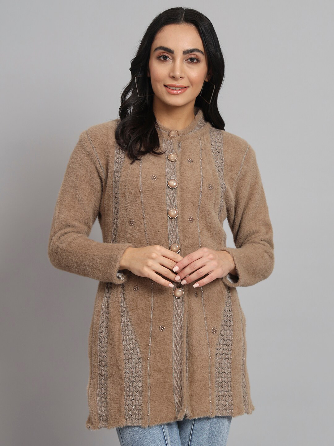 

eWools Embroidered Woollen Cardigan with Fuzzy Detail, Brown