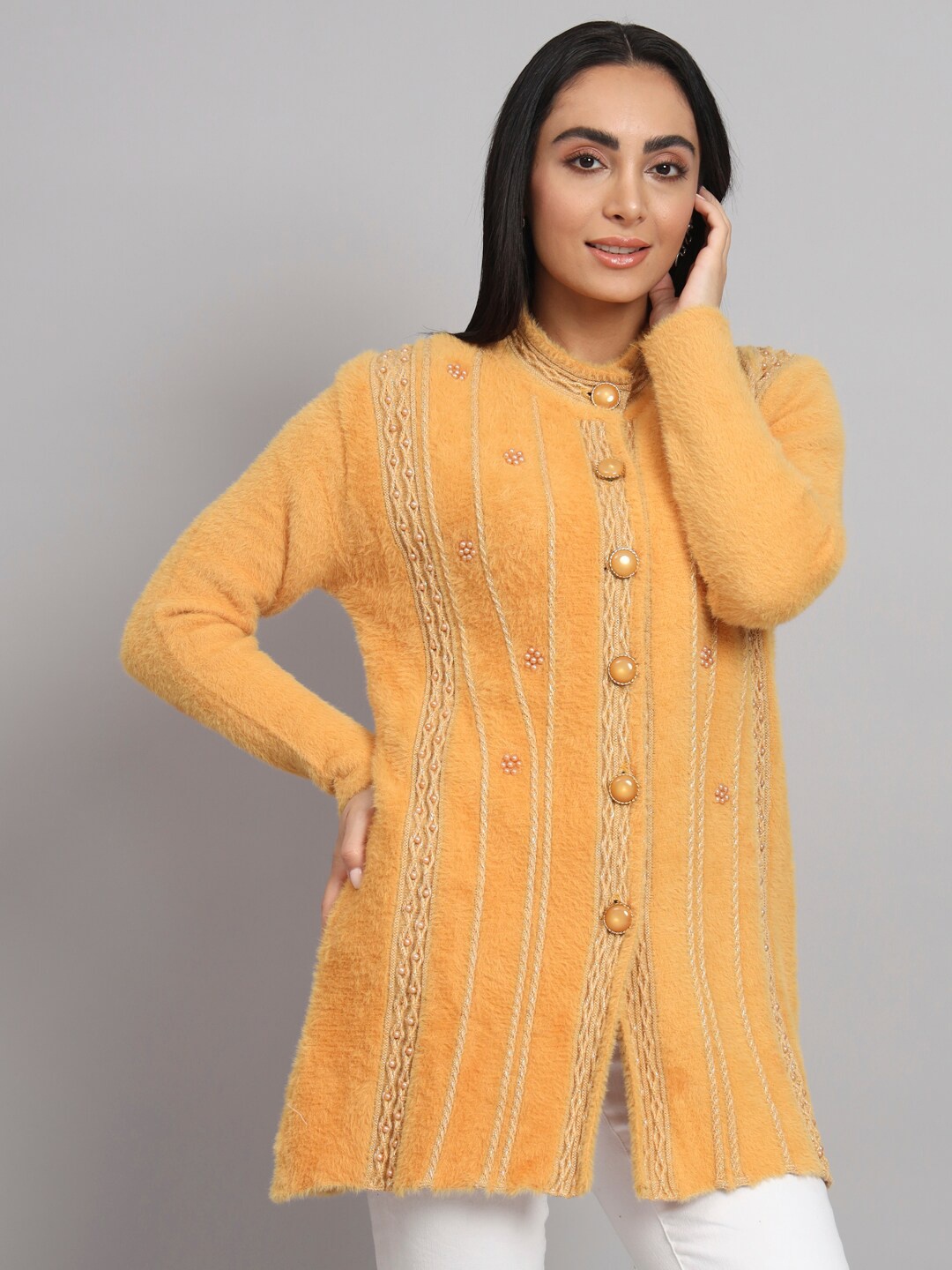 

eWools Embroidered Woollen Longline Cardigan with Embellished Detail, Gold