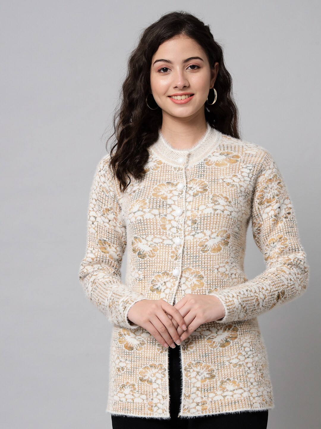 

eWools Floral Printed Round Neck Woollen Cardigan, Gold