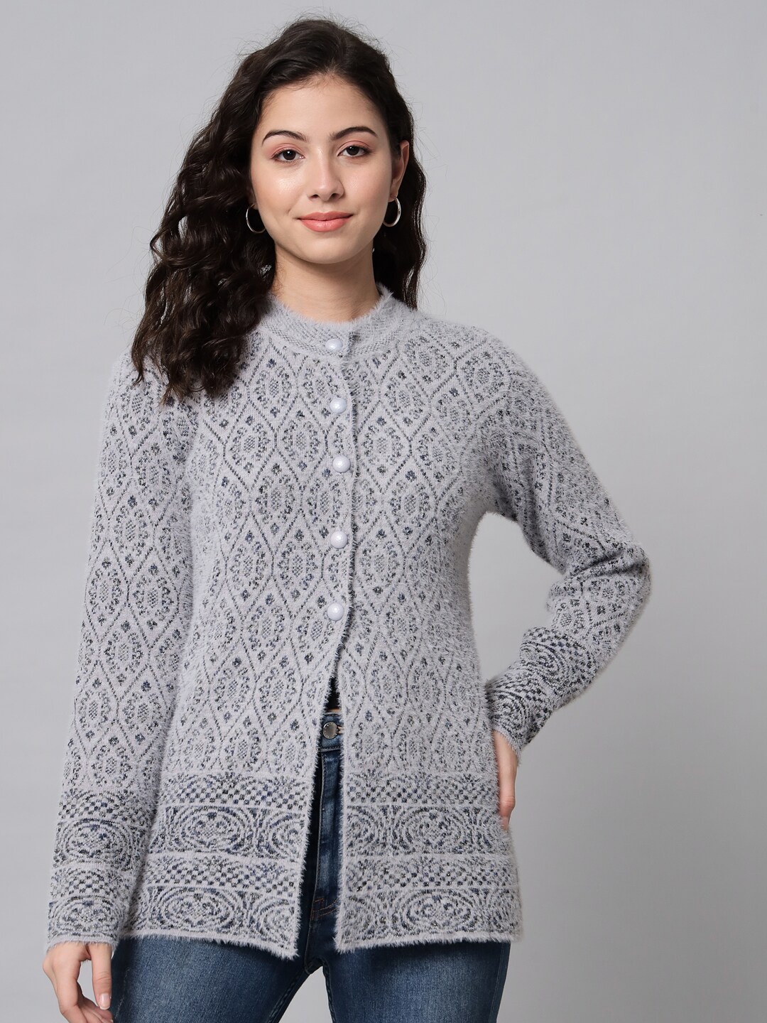 

eWools Ethnic Motifs Printed Round Neck Woollen Cardigan, Grey