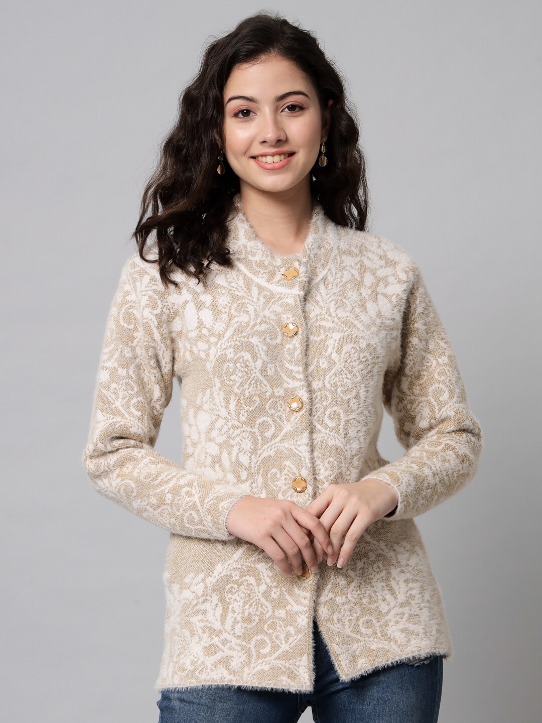 

eWools Ethnic Motifs Printed Round Neck Woollen Cardigan, Beige