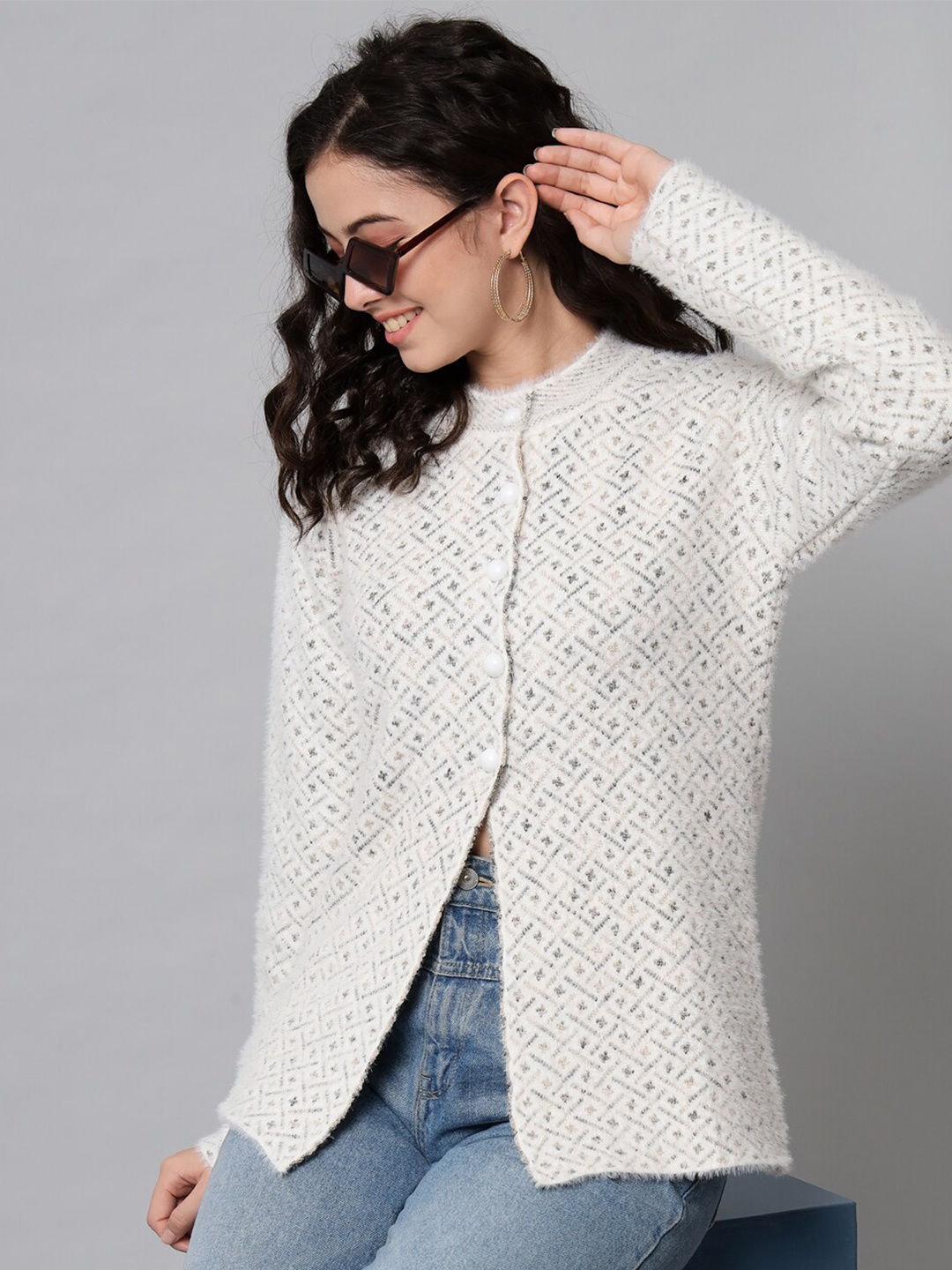 

eWools Geometric Printed Round Neck Woollen Cardigan, White