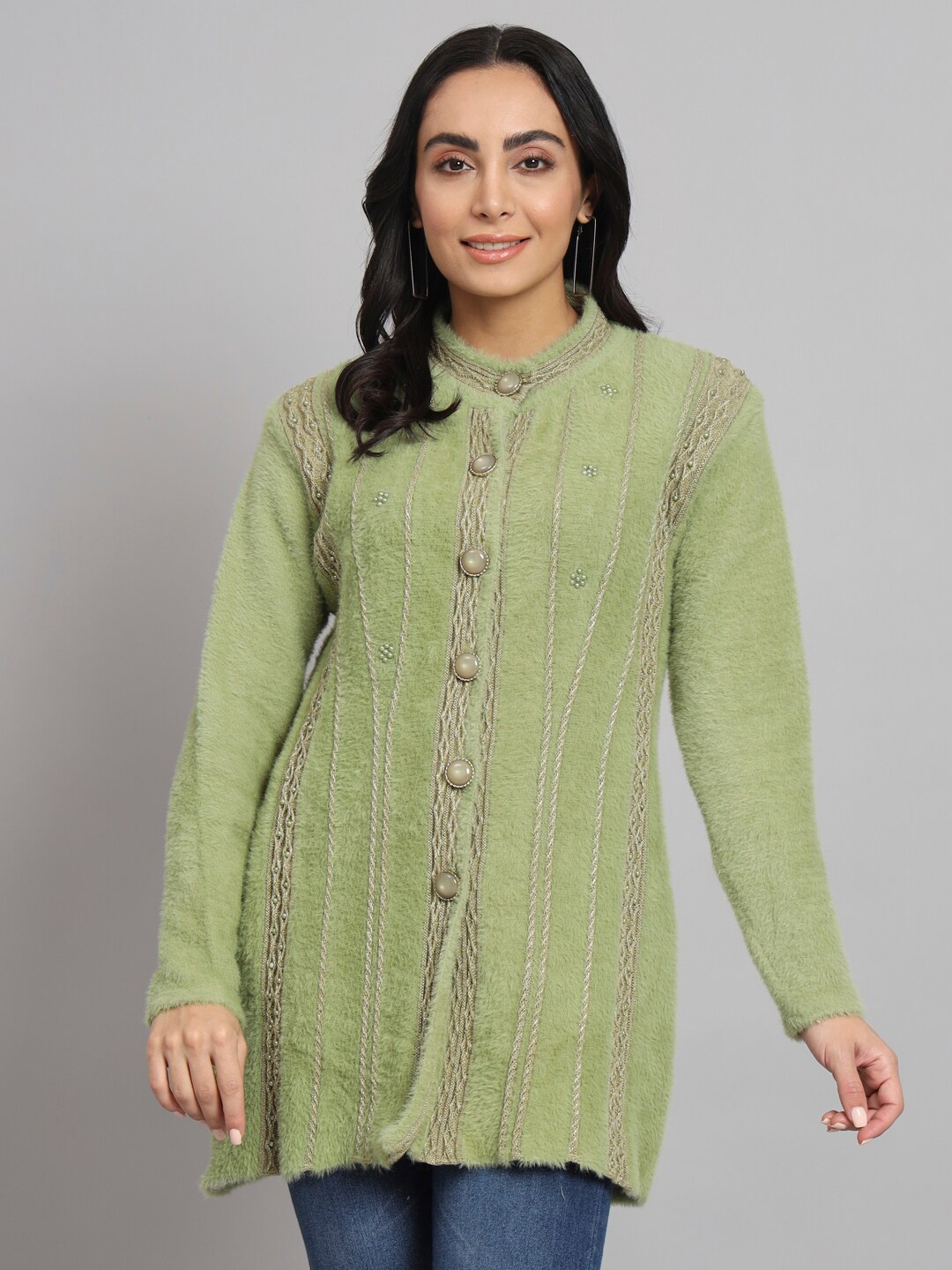 

eWools Self Design Cable Knit Band Collar Embellished Detail Acrylic Woollen Cardigan, Green