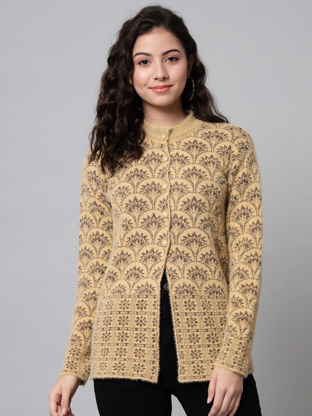 

eWools Ethnic Motifs Self Design Acrylic Woollen Cardigan, Gold