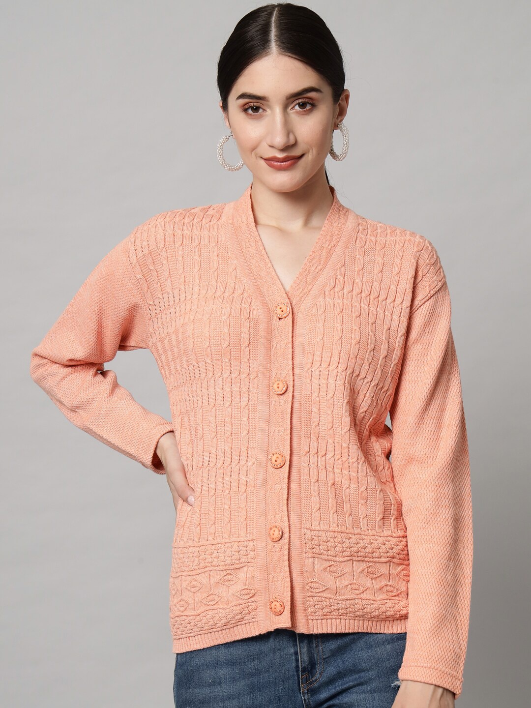 

eWools Cable Knit Acrylic Woolen Cardigan, Coral