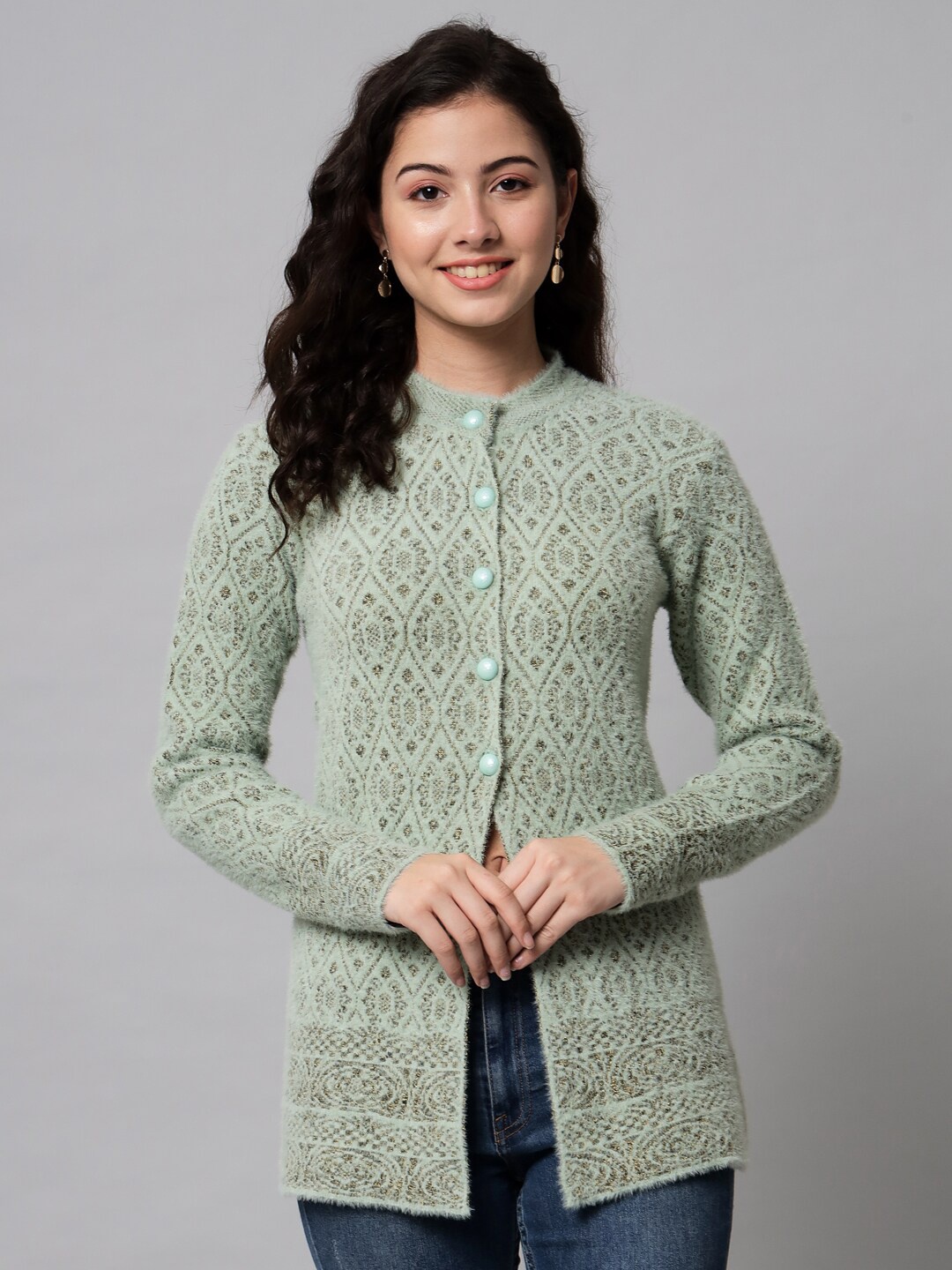 

eWools Ethnic Motifs Self Design Acrylic Woollen Cardigan, Green